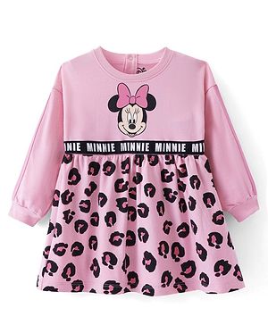 Babyhug Disney Cotton Knit Full Sleeves Frock With Minnie Mouse Graphics - Pink