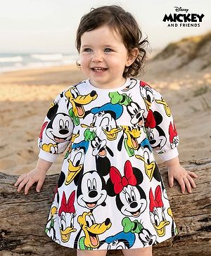 Babyhug Disney Cotton Knit Full Sleeves Frock With Minnie Mouse & Friends All over Print - Multicolor