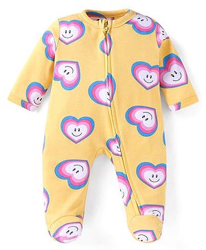 Babyhug Cotton Knit Full Sleeves Sleep Suit With Hearts Print - Mustard