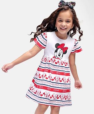 Babyhug Disney Cotton Knit Frill Sleeves Frock With Minnie Mouse Graphics and Badge Detailing - White & Red