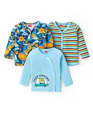 Babyhug Interlock Knit Full Sleeves Front Open Vests With Stripes & Animal Print Pack of 3 - Blue