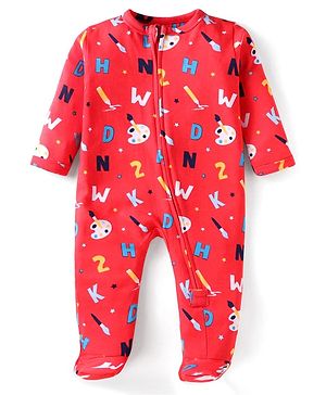 Babyhug Cotton Knit Full Sleeves Alphabet Printed Footed Front Open Sleep Suit - Red