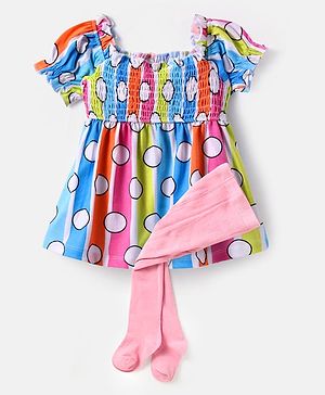 Babyhug Cotton Knit Half Sleeves Polka Dot Printed Frock With Colour Block Design & Stockings - Blue