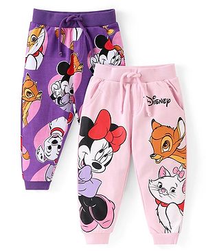 Babyhug Disney Cotton Knit Full Length Lounge Pants With Minnie Mouse & Friends Graphics Pack of 2  - Pink & Purple