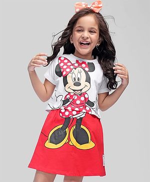 Babyhug Disney Cotton Knit Half Sleeves Top & Skirt Set With Mickey Mouse Graphics & Badge Detailing - Red & White