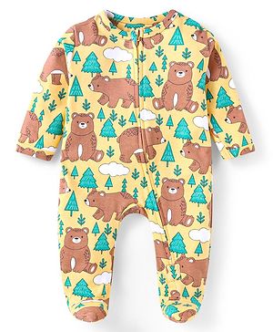 Babyhug Cotton Knit Full Sleeves Sleep Suit With Bears Print - Mustard