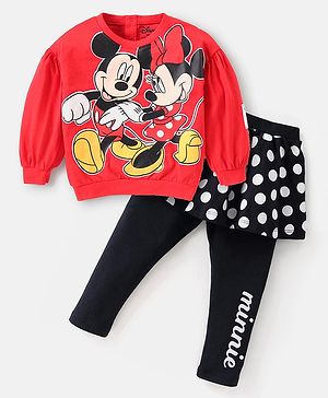 Babyhug Disney Cotton Knit Full Sleeves Sweatshirt & Skeggings Set With Minnie Mouse Graphics & Badge Detailing - Red & Black