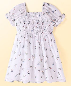 Babyhug Cotton Woven Puffed Sleeves Floral Printed Frock With Smocking Detailing - White