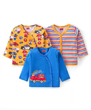 Babyhug 100% Cotton Knit Front Open Full Sleeves Jhablas  with Striped Car & Bear Print Pack of 3 - Blue & Yellow