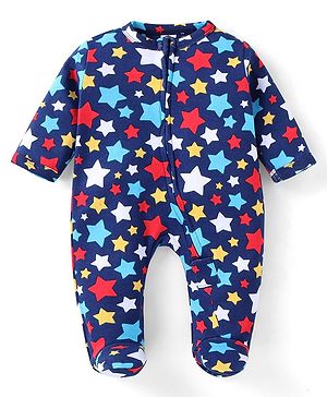 Babyhug Cotton Woven Full Sleeves Front Open Footed Sleepsuit with Star Print - Violet