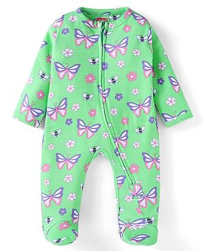 Babyhug Cotton Knit Full Sleeves Butterfly Printed Front Open Sleepsuit - Light Green