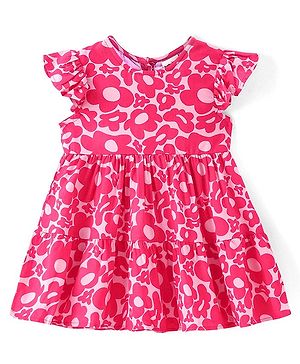 Babyhug Cotton Woven Half Sleeves Frock with Floral Print - Dark Pink