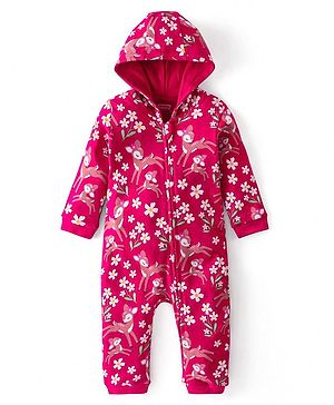 Babyhug 100% Cotton Knit Full Sleeves Hooded Romper with Floral Print - Dark Pink