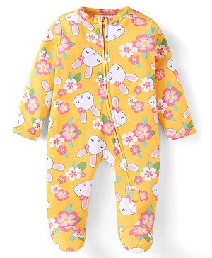 Babyhug Cotton Knit Full Sleeves Front Open Footed Sleep Suit with Floral & Bunny Print - Yellow