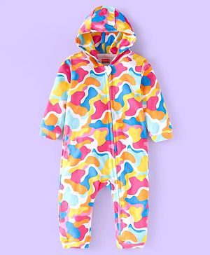 Babyhug 100% Cotton Knit Full Sleeves Printed Hooded Front Open  Romper - Pink Yellow & Red