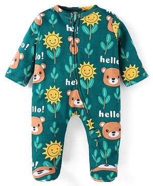 Babyhug Cotton Knit Full Sleeves Front Open Footed Sleepsuit with Bear & Floral Print - Dark Green