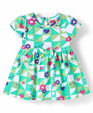 Babyhug Single Jersey Knit Half Sleeves Floral Printed Frock With Bow Applique - Sea Green
