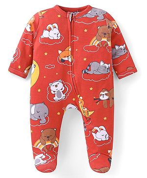 Babyhug Cotton Knit Full Sleeves Front Open Footed Sleepsuit with Animals Print - Red