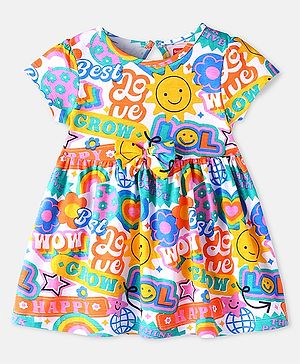 Babyhug Single Jersey Knit Half Sleeves Frock with Smiley Print & Bow Applique - White Blue & Yellow
