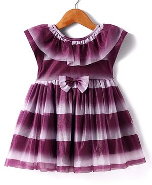 Babyhug Woven Sleeveless Fit & Flare Shimmered Party Frock with Bow Detailing - Wine & White