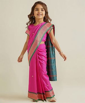 Babyhug Silk Woven Half Sleeves Blouse & Saree with Zari Border - Dark Pink