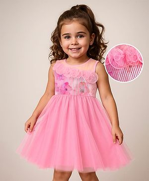 Babyhug Woven Sleeveless Fit & Flare Frock with Frills on Yoke Detailing - Pink