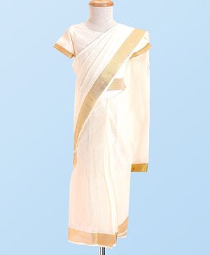 Babyhug Cotton Woven Half Sleeves Blouse & Saree with Zari Border - White