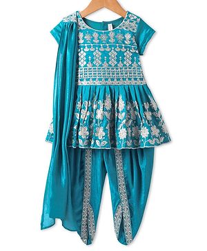 Babyhug Woven Half Sleeves Floral Embroidered Kurta & Dhoti Set with Dupatta - Teal Blue