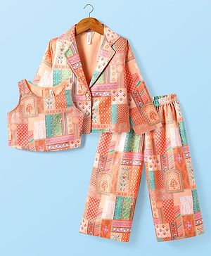 Babyhug Woven Top with Three Fourth Sleeves Printed Jacket & Palazzo - Peach