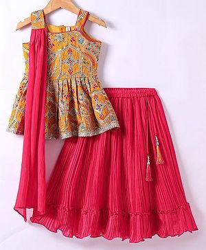 Babyhug Woven Sleeveless Embroidered Choli & Flared Lehenga with Dupatta - Dark Pink & Orange