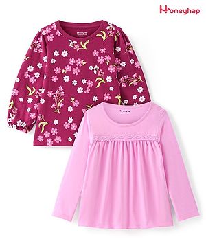 Honeyhap Premium  100% Cotton Knit with Bio Finish Full Sleeves Solid & Floral Printed Tops Pack of 2 - Pink & Maroon