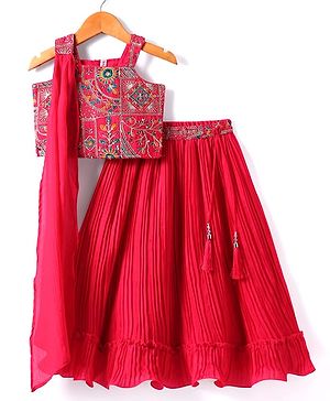 Babyhug Chiffon Woven Sleeveless  Lehenga Choli with Dupatta Set Floral Embroidery - Dark Pink