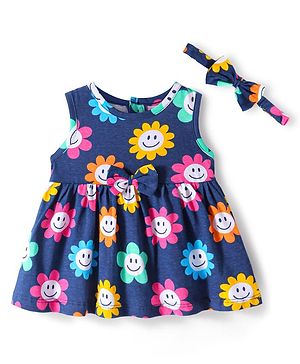 Babyhug Single Jersey Knit Sleeveless Floral Printed Frock with Headband & Bow Applique - Navy Blue