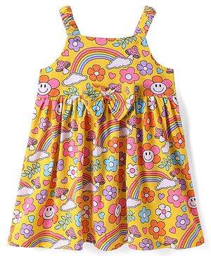 Babyhug Single Jersey Knit Sleevless Frock with Floral Rainbow Print & Bow Applique - Yellow