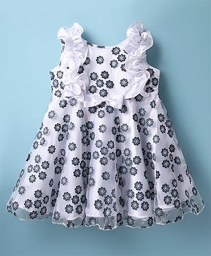 Babyhug Woven Frill Sleeves Party Dress with Floral Glitter Print & Bow Applique - White