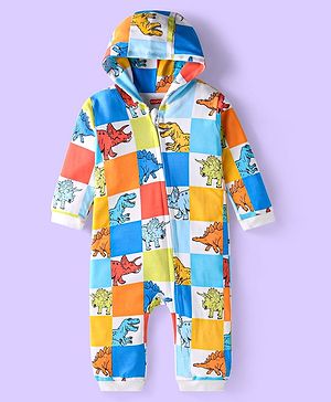 Babyhug 100% Cotton Knit Full Sleeves Hooded Dino Printed Romper - White & Blue
