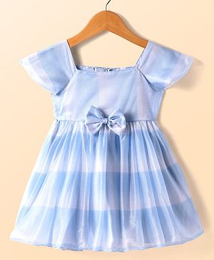 Babyhug Woven Sleeveless Fit & Flare Shimmered Frock with Bow Detailing - Light Blue