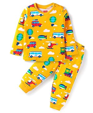 Babyhug Cotton Knit Full Sleeves Car Printed Night Suit - Yellow