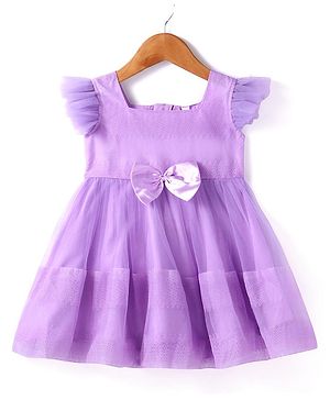 Babyhug Woven Frill Sleeves Solid Colour Fit & Flared Party Frock with Bow Applique - Lilac