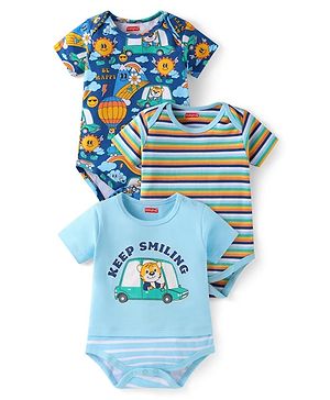 Babyhug 100% Cotton Knit Half Sleeves Striped & Tiger Printed Onesies Pack of 3 - Light Blue & Navy