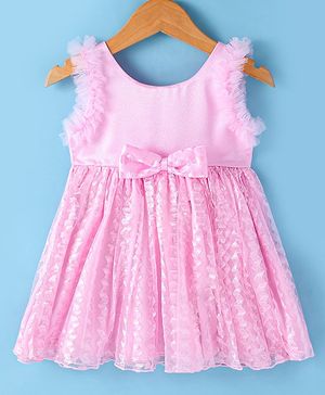 Babyhug Woven Sleeveless Fit & Flared Textured Party Frock with Bow Applique - Pink