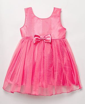 Babyhug Woven Sleeveless Fit & Flare Frock with Bow Applique - Dark Pink