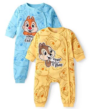 Babyhug Disney Interlock Knit Full Sleeves Front Open Rompers with Chip n Dale Graphics Pack of 2 - Light Blue & Yellow