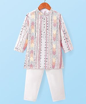 Babyhug Woven Full Sleeves Sequin Embroidered Sherwani Kurta Pyjama Set - Pink Yellow & White