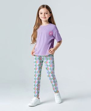 Primo Gino Cotton Knit Half Sleeves Floral Printed T-Shirt & Leggings Set  - Lilac