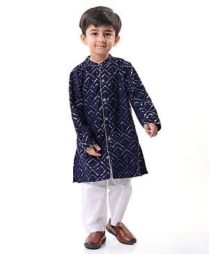Babyhug Full Sleeves  Sequenced Embroidered Sherwani Kurta & Pyjama Set  - Navy Blue