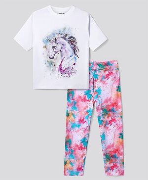 Primo Gino Cotton Knit Half Sleeves Unicorn Printed T-Shirt & Leggings Set with Sequin Detailing - Off  White