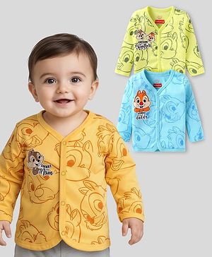 Babyhug Disney Interlock Knit Full Sleeves Front Open Jhablas With Chip N Dale Graphics Pack Of 3 - Blue & Yellow