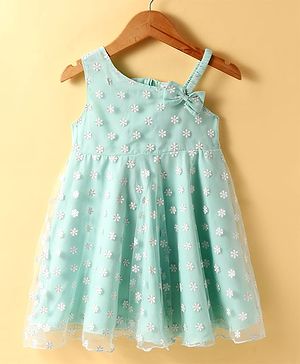Babyhug Woven Sleeveless Party Frock With Floral Print & Bow Applique - Aqua Blue