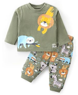 Babyhug Cotton Knit Full Sleeve Night Suit with Animals Print - Olive Green